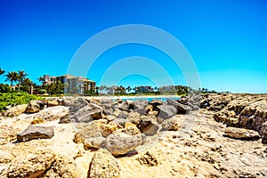 The rocky shoreline of the west coast of the island of Oahu at the resort area of Ko Olina