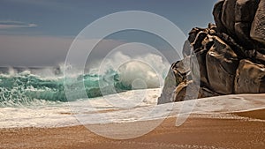 rocky stormy beach seaside with mountain. rocky beach seaside with water waves. rocky beach