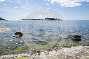 The rocky view of Porkkalanniemi and view to the Gulf of Finland and island, Finland