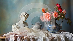 Rococo-inspired Still Life: Statue, Flowers, And Pastel Hues