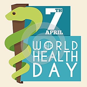 Rod of Asclepius in Flat Style for World Health Day, Vector Illustration