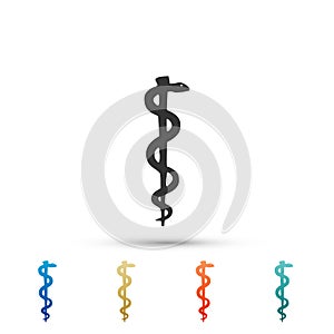 Rod of asclepius snake coiled up silhouette icon on white background. Medicine and health care concept. Emblem for