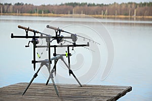 Rod pod with feeders with electronic bite alarms on pier