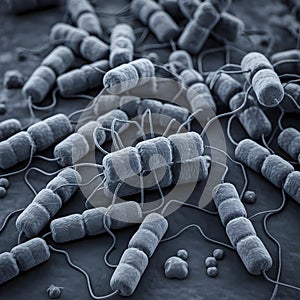 Rod-Shaped Bacteria Under Electron Microscope â Black and White Micrograph