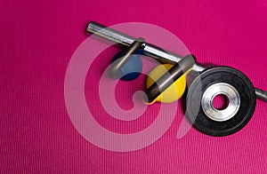 Rod yellow sport weight red blue green steel barbell, from training dumbbell for healthy for room towel, view lifting