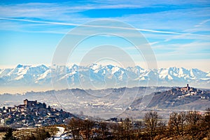 Roddi Castle and mountains in northern italy, langhe region, pie