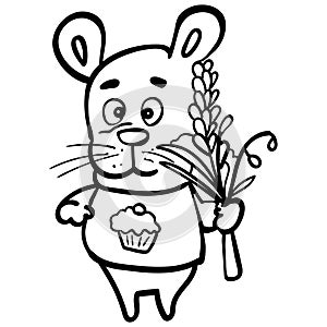 Rodent with a bouquet flowers. Coloring page, Coloring book. Contour. - Vector. Vector illustration