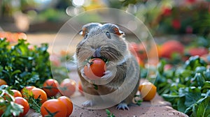 Rodent Holding Bunch of Tomatoes in Mouth