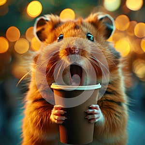 Rodent mammal holds coffee cup in mouth, showing adaptation