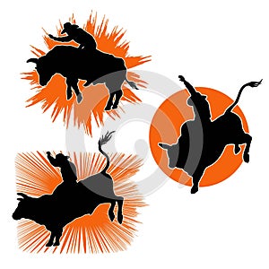 Rodeo bull set symbols vector illustration isolated on white. Cowboy riding a wild bull in flat style illustration