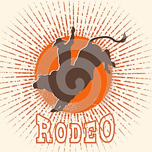 Rodeo bull vector label. Cowboy riding a wild bull in symbol flat style illustration and rodeo text