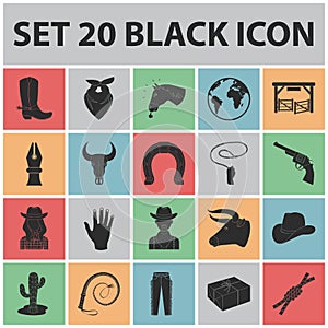 Rodeo, competition black icons in set collection for design. Cowboy and equipment vector symbol stock web illustration.