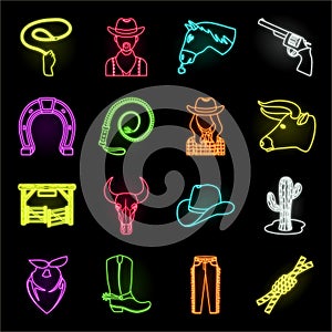 Rodeo, competition neon icons in set collection for design. Cowboy and equipment vector symbol stock web illustration.