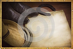 Rodeo cowboy background with western hat and lasso