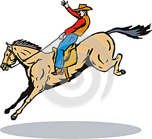 Rodeo cowboy bucking bronco