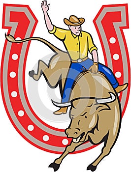 Rodeo Cowboy Bull Riding Horseshoe Cartoon