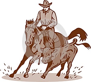 Rodeo cowboy horse cutting