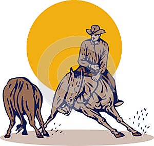 Rodeo cowboy horse cutting