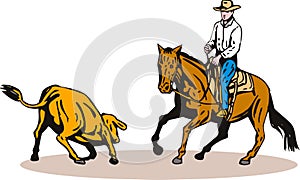 Rodeo cowboy horse cutting