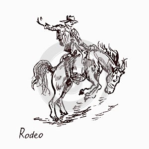 Rodeo, cowboy on horse, woodcutstyle ink drawing illustration