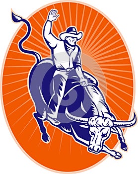 Rodeo cowboy riding jumping longhorn bull