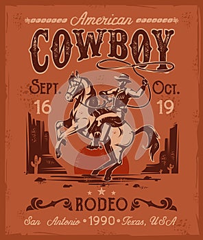 Rodeo poster with a cowboy sitting on rearing horse in retro style