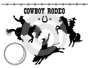 Rodeo. Vector American set of Rodeo. Black silhouette riders on bull and wild horse on white background