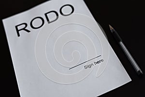 RODO word on white sheet of paper with copy space.