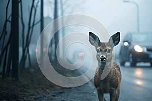 A roe deer stands on the road near the forest in the fog, cars are driving along the road