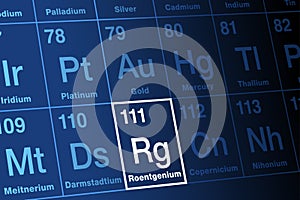 Roentgenium on periodic table of the elements, with element symbol Rg