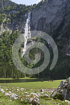 Roethbachfall waterfall near lake Obersee in Bavaria in summer