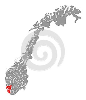 Rogaland red highlighted in map of Norway