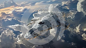 Rogue Pathfinder: A Scimitar Spaceship Soaring Through Stormy Sk photo