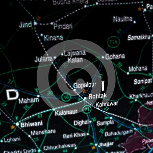 rohtak city name displayed on geographic map in India