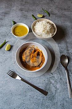 Rohu fish masala or curry, an Indian delicacy. Generally served with steamed rice and yellow pulses.