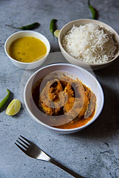 Rohu fish masala or curry, an Indian delicacy. Generally served with steamed rice and yellow pulses.