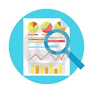 ROI Measurment. Return on of investment. Documents with graphs and calculations, and magnifying glass photo