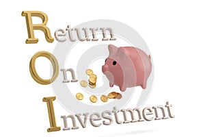 ROI and piggy bank isolated on white background 3D illustration.