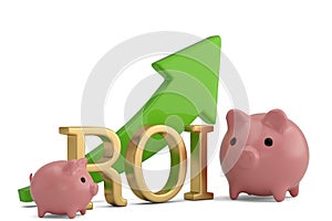 ROI and piggy bank isolated on white background 3D illustration.