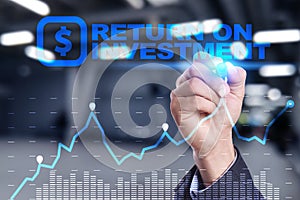 ROI, Return on investment business and technology concept. Virtual screen background.