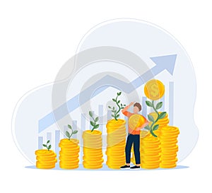 ROI, return on investment performance measure from cost invested and profit efficiency. Business growth arrows to