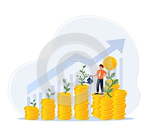 ROI, return on investment performance measure from cost invested and profit efficiency. Business growth arrows to