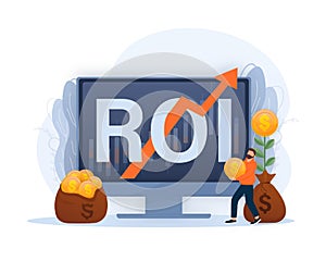 ROI, return on investment performance measure from cost invested and profit efficiency. Business growth arrows to