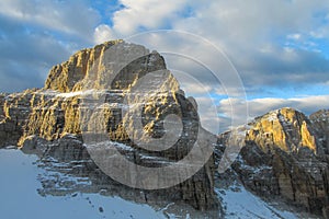 Roky cliff mountain towers and walls in Dolomites Alps