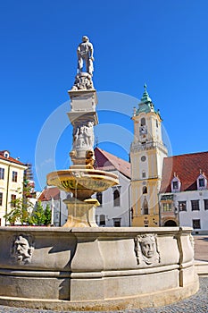 Roland Fountain at Main Square Hlavne namestie in Bratislava Old Town, Bratislava, Slovakia