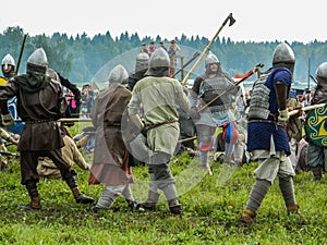 Role play - the reenactment of the battle of the ancient Slavs on the festival of historical clubs in the Kaluga region of