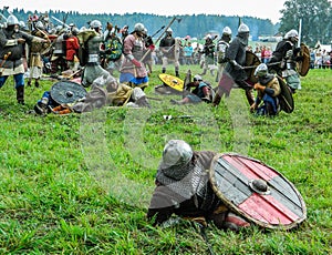 Role play - the reenactment of the battle of the ancient Slavs on the festival of historical clubs in the Kaluga region of