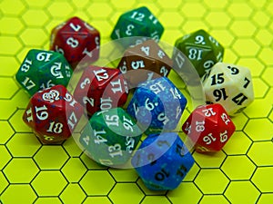Role-playing board with several colored dice