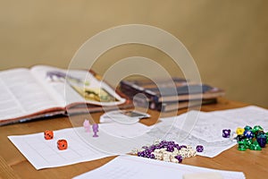 Role playing game set up on table on beige background