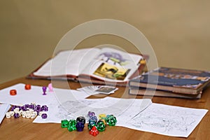 Role playing game set up on table on beige background